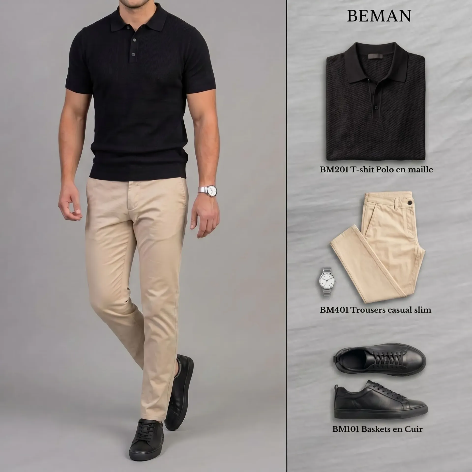 PK001 Pack Élégance : Polo, Pantalon, Baskets et Montre