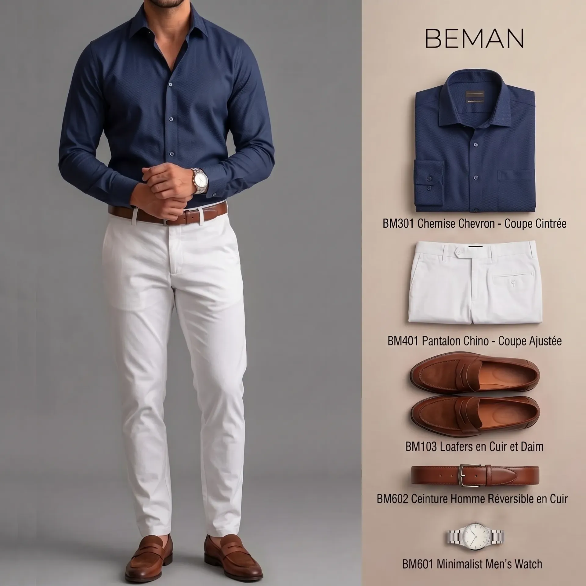 PK002 Pack Affaires Élégant - Chemise, Chino, Loafers, Ceinture & Montre